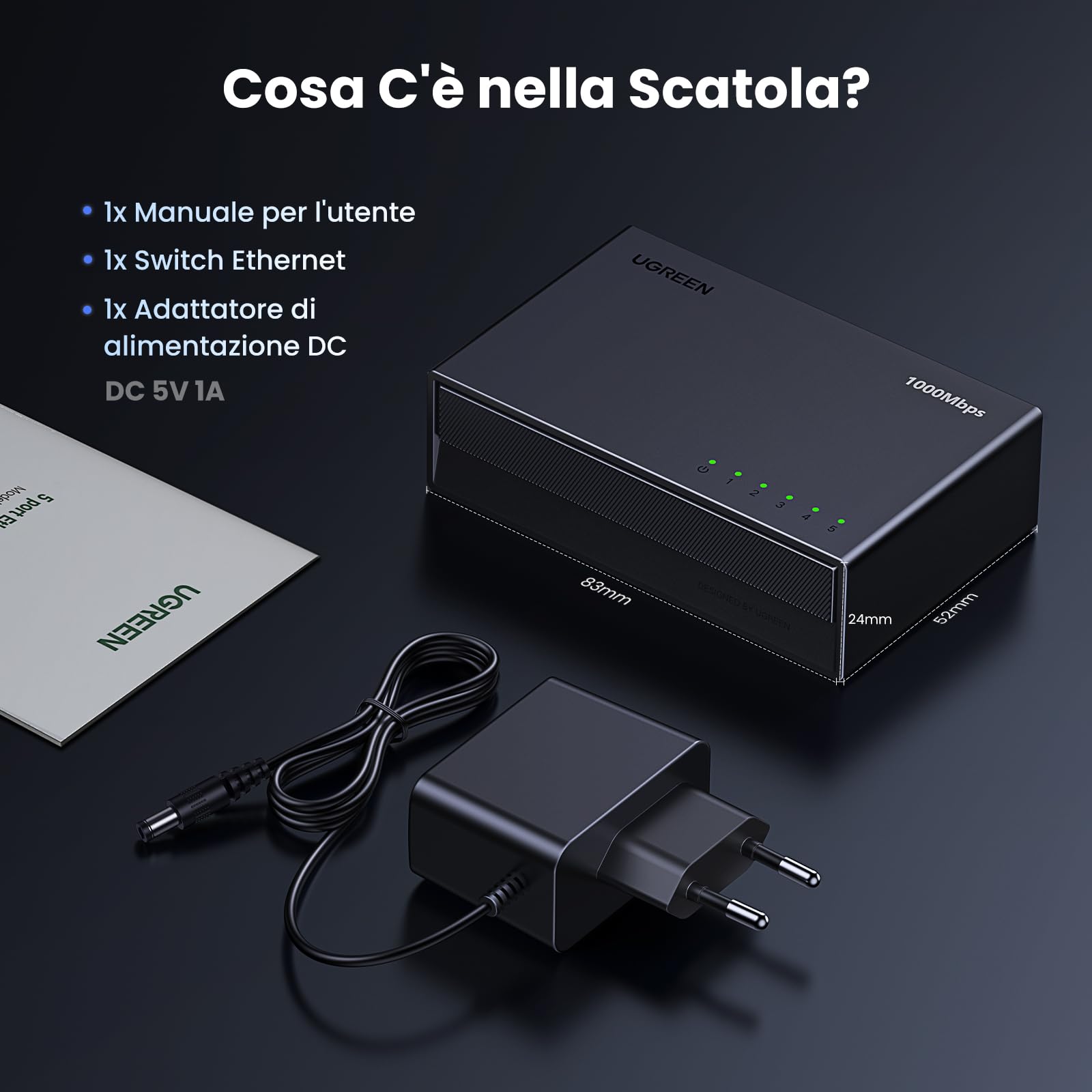 UGREEN Switch di Rete Ethernet 5 Porte Splitter Gigabit Lan Velocità 10/100/1000 Mbps, Regolazione Duplex, Plug and Play, Hub RJ45 per TV/Laptop/Router/Monitor
