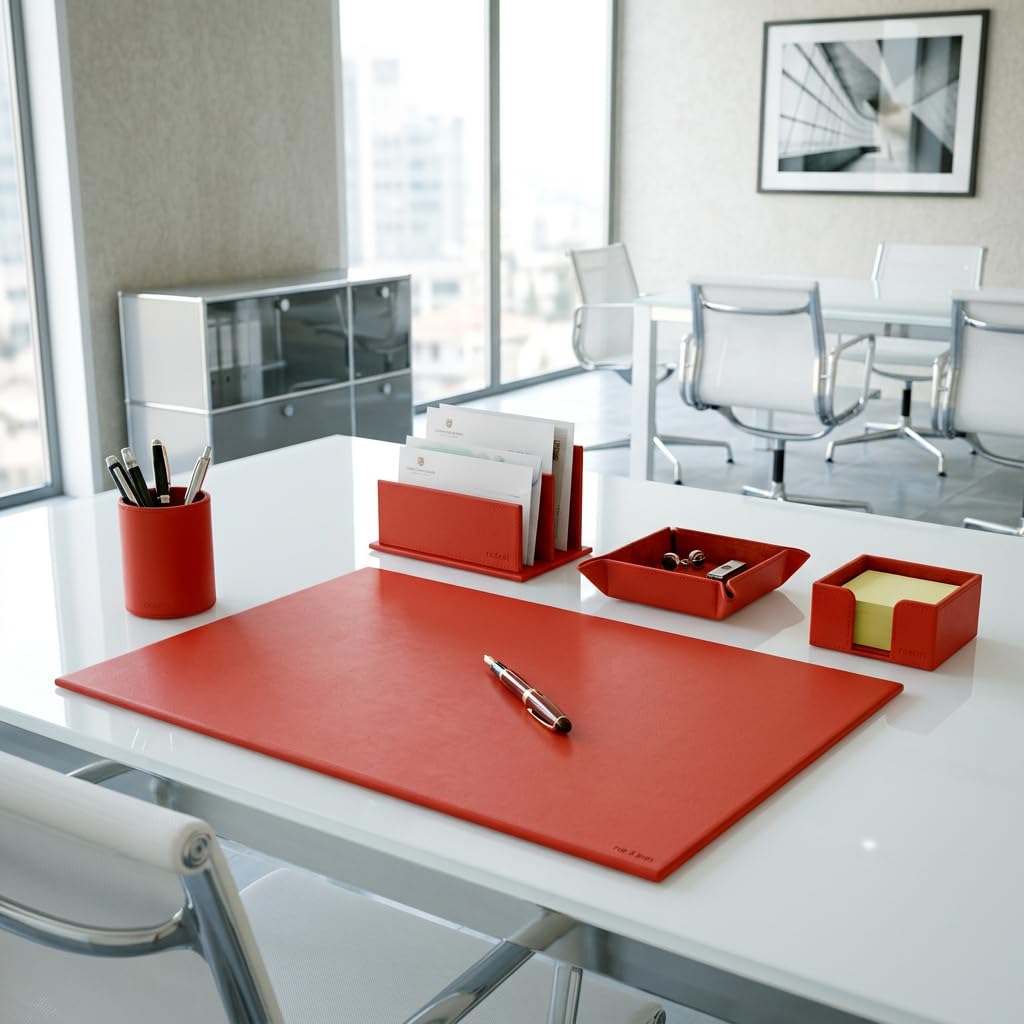 Noomi Set Ufficio in Pelle di Vitello Rosso – Piano da Scrivania con Porta Penne, Oggetti, Lettere e bigliettini – Accessori Eleganti per Ufficio e Studio
