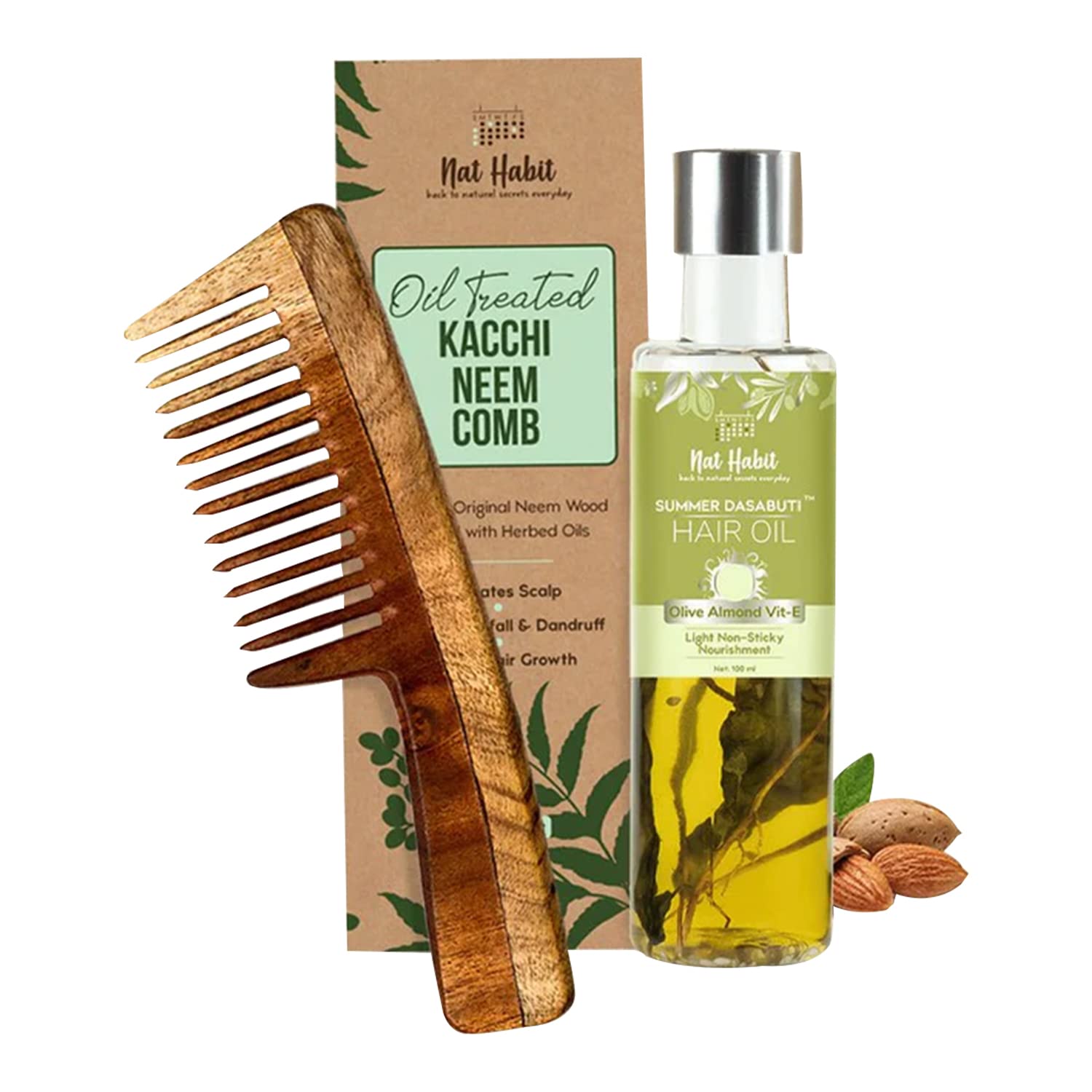 Nat Habit Wide Tooth Wooden Kacchi Neem Comb & Olive Almond Dasabuti Hair Oil for Dry and Frizzy Hair, with Castor, Coconut & Amla (Combo Pack of 2)