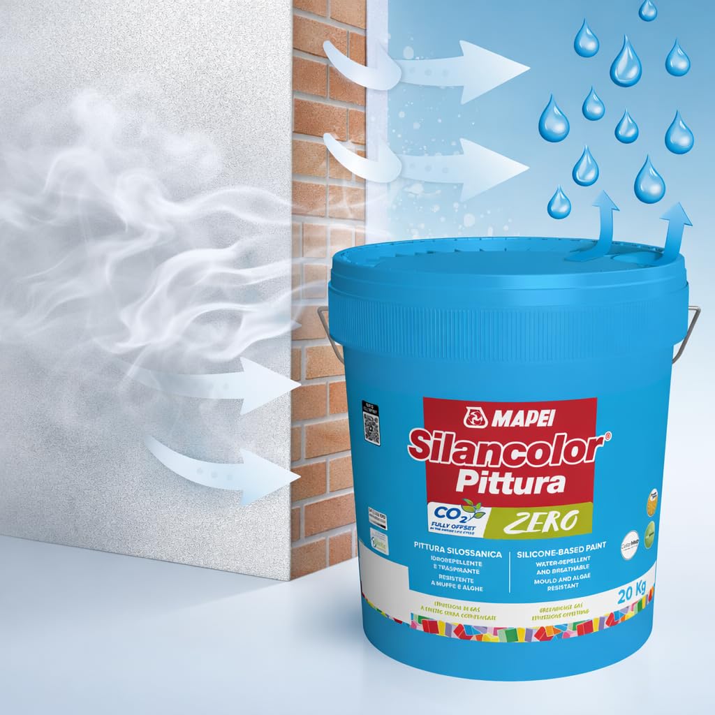 MAPEI Silancolor Pittura Zero Silossanica, Idrorepellente, Traspirante, Resistente a Muffe e Alghe, per Facciate Esterne e Pareti Interne, Bianco, 20 kg