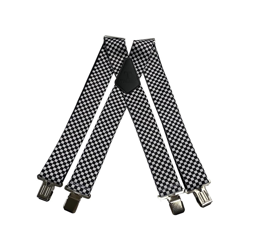 Tomahawk Heavy Duty Braces, Adjustable, Unisex Suspenders, Strong Clasp (Checkers Black/White)