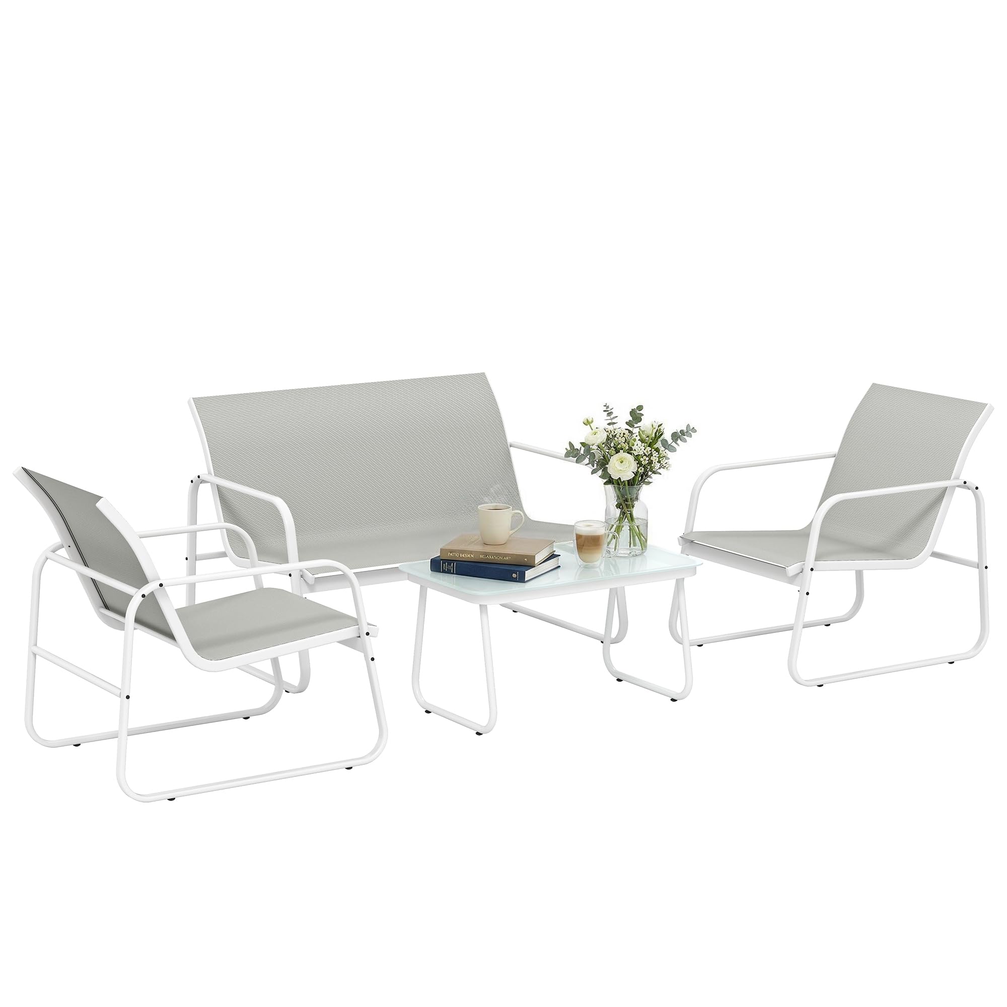 Outsunny Conjunto Jardín Exterior de 4 Piezas, Muebles Jardín Exterior con Sofá de 2 Plazas, 2 Sillones, Mesa de Vidrio Templado, Tela de Textilene Transpirable, Estructura de Acero, Caqui — view 11