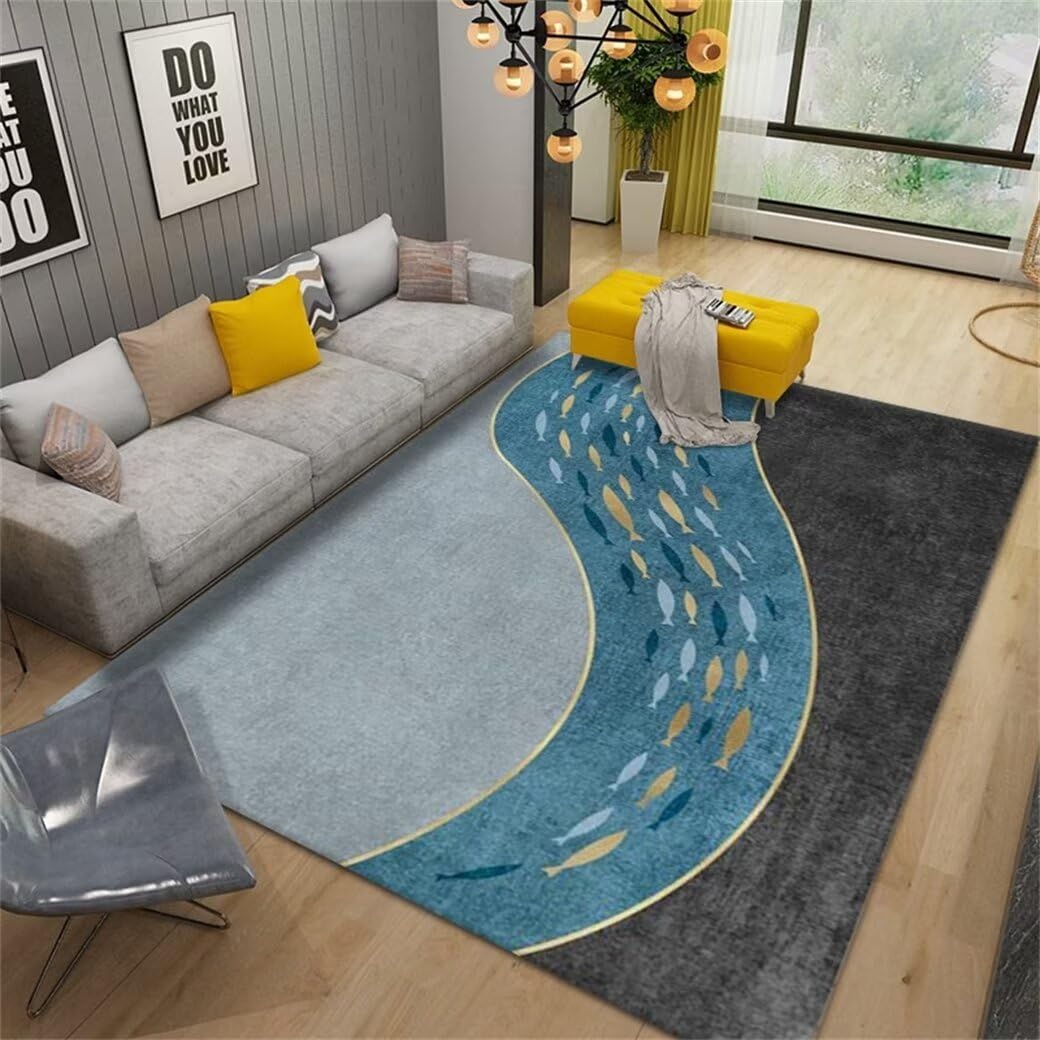 Tapis chambre enfant bleu à motif poisson mignon pour créer un espace de jeu lavable et cosy