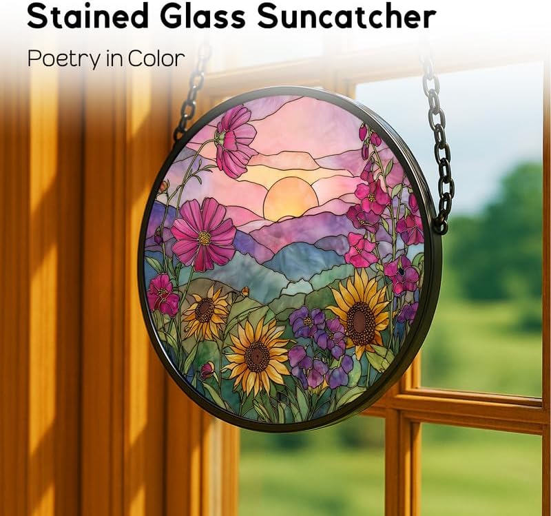 Stained Glass Window Hanging， Sunflower and Sunset Catchers Indoor Window， core Decor Inside and Outside The Cottage， Gifts for Women