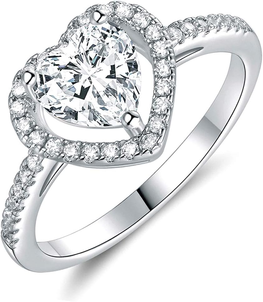 18K White Gold Plated Heart Cubic Zirconia Rings for Women Wedding Promise Engagement Size 5-10