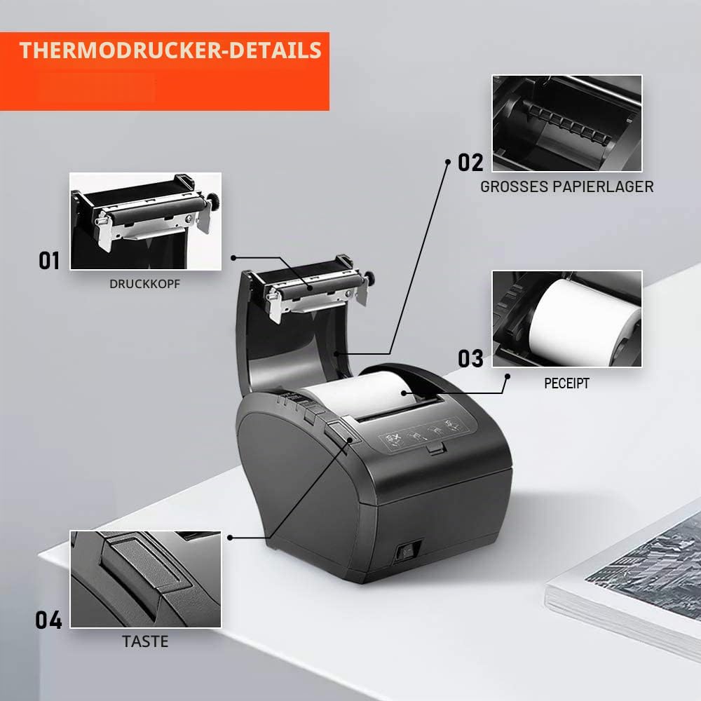 MUNBYN Thermodrucker Bondrukcer 80mm AUTO-CUT Schublade Drucker, Hochgeschwindigkeits Drucken 230mm / sec, USB, Ethernet LAN Schnittstelle, kompatibel mit ESC/POS Druck Befehlen eingestellt-EU Schwarz