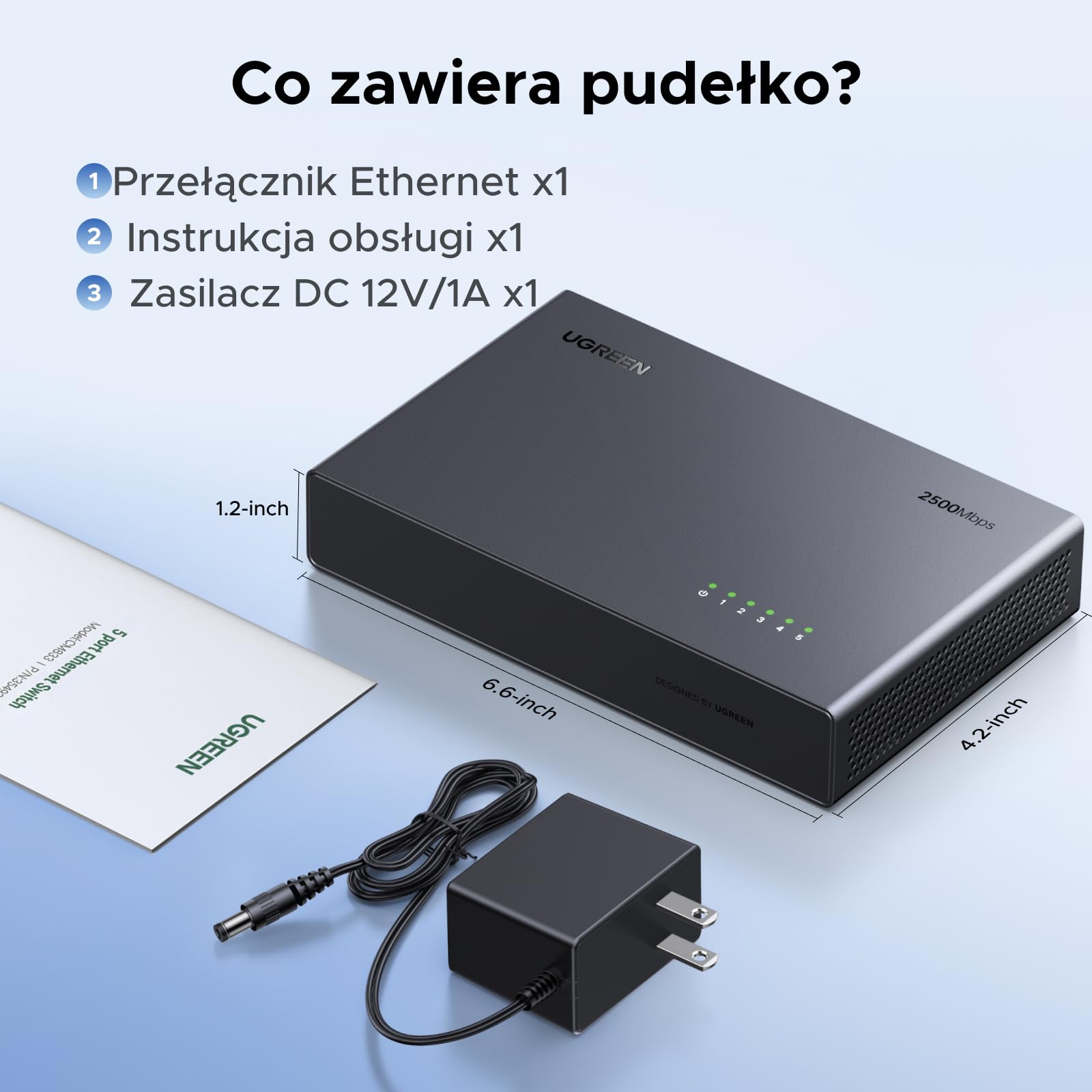 UGREEN Przełącznik LAN 2.5G z 5 portami 2.5G, niezarządzany przełącznik sieciowy do komputerów, serwerów NAS, serwerów, punktów dostępowych WiFi 6