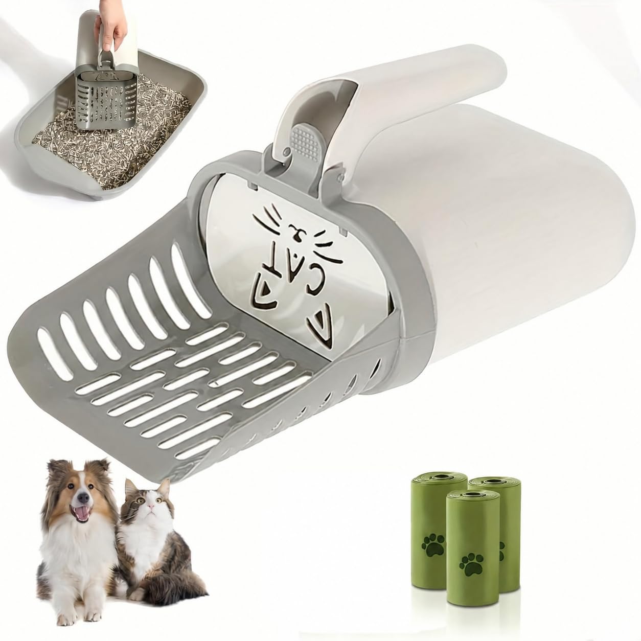 Cat Litter Scoop with Waste Bin, Integrated Sifter Scooper and Bag Holder, Includes 30 Waste Bags, Gray
