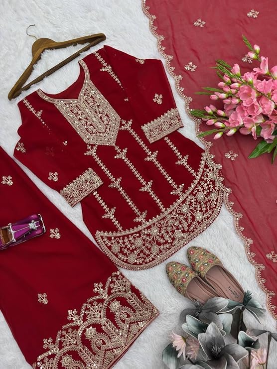 Image of Women's Fancy Heavy Fox Georgette With Heavy Embroidery Work With Borders Less Work Sleeve With Fancys Latkan Dori Kurta Set with Dupatta For Wedding