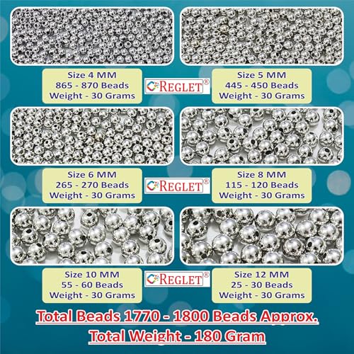 Image of 1800 Pcs Silver Beads - 4, 5, 6, 8, 10, 12 mm - DIY Beads for Bracelets Making Kit, Crafting, Embroidery Crafts, Jewellery Making Kit, Beadwork, Pearls for Craft, Beading - 180g