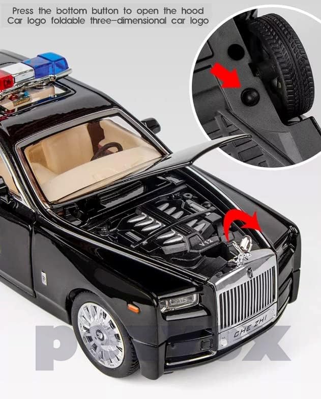 Image of 1 /24 Scale Wheels Diecast Rolls Royce Phantom Police Metal Model Pull Back Alloy Toys with Light and Sound Collection (Black)