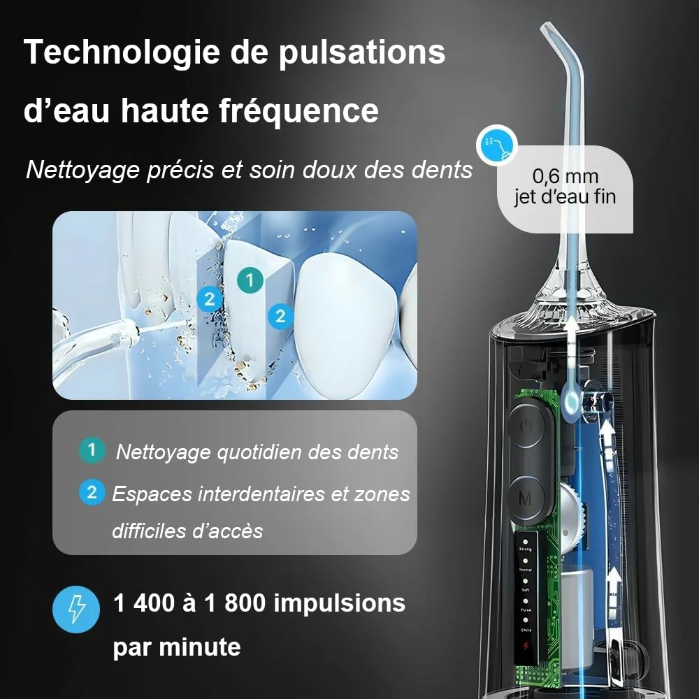 Oryzom-s Hydropulseur sans fil pour un soin dentaire & buccal optimal / 5 modes & 4 embouts/Réservoir de 300 ml/Étanchéité IPX7 / Jet dentaire pour gencives hydropulseur (Blanc)