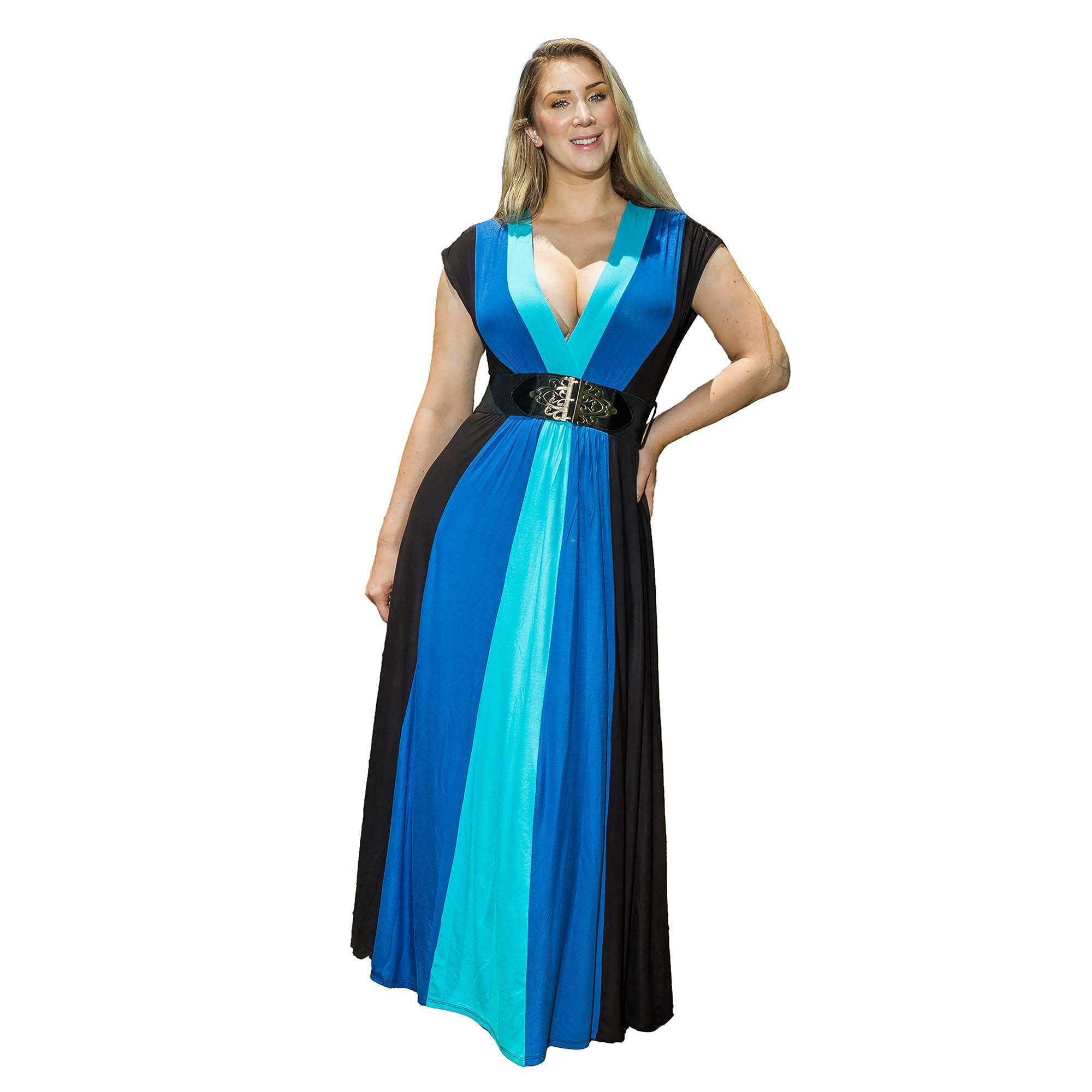 Funfash Elegant Short Sleeve Maxi Dress for Plus Size Women with Blue Black Stipe Blocks and Long Slimming A Line Cut