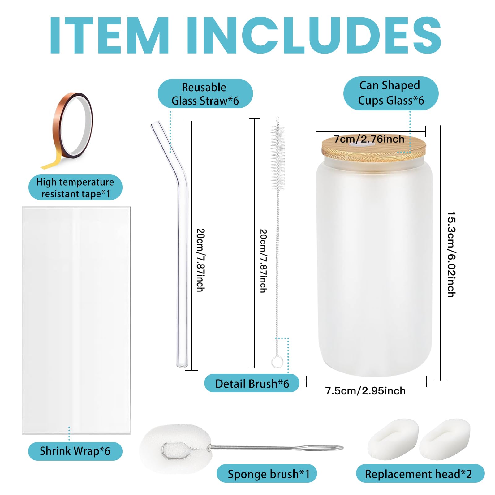 Sublimation Blanks Sublimation Tumblers 6 Pcs Thermal Transfer Glass Jar avec paille et couvercle, tasse glacée pour cocktails, whisky, cola, jus, soda, thé, eau, ensemble cadeau
