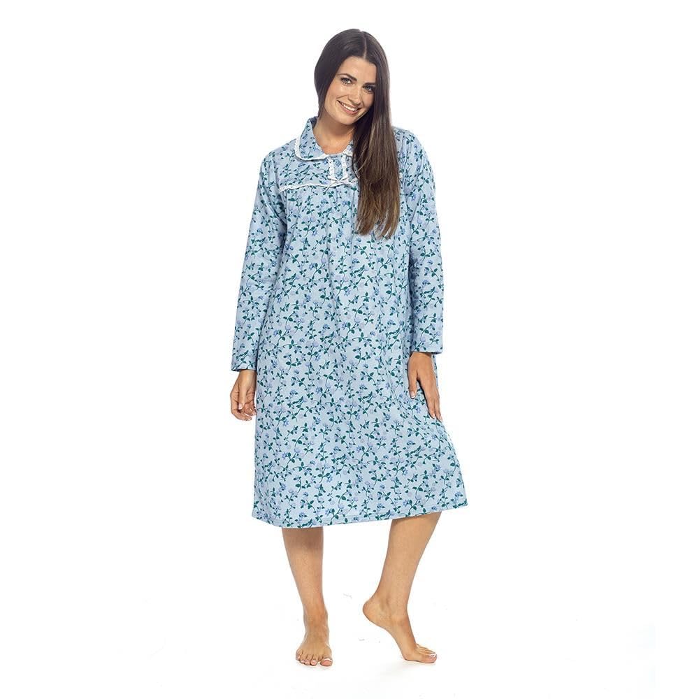 A2Z Ladies Brushed Cotton Flannelette Nightie Long Sleeve Floral Print Nightdress - Nightie LDS 472 Blue 22/24