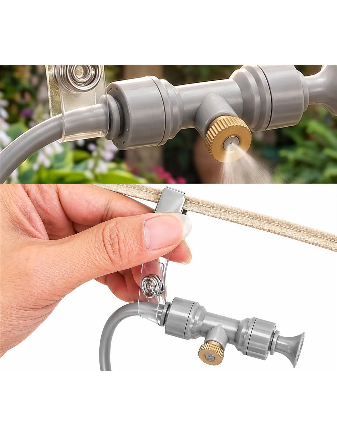 JARDIN202 - Kit Nebulizador de agua para Terraza, Pergola, Patio, Jardin o Invernadero | Boquillas de latón antical | 7 Boquillas | 30m (Gris)