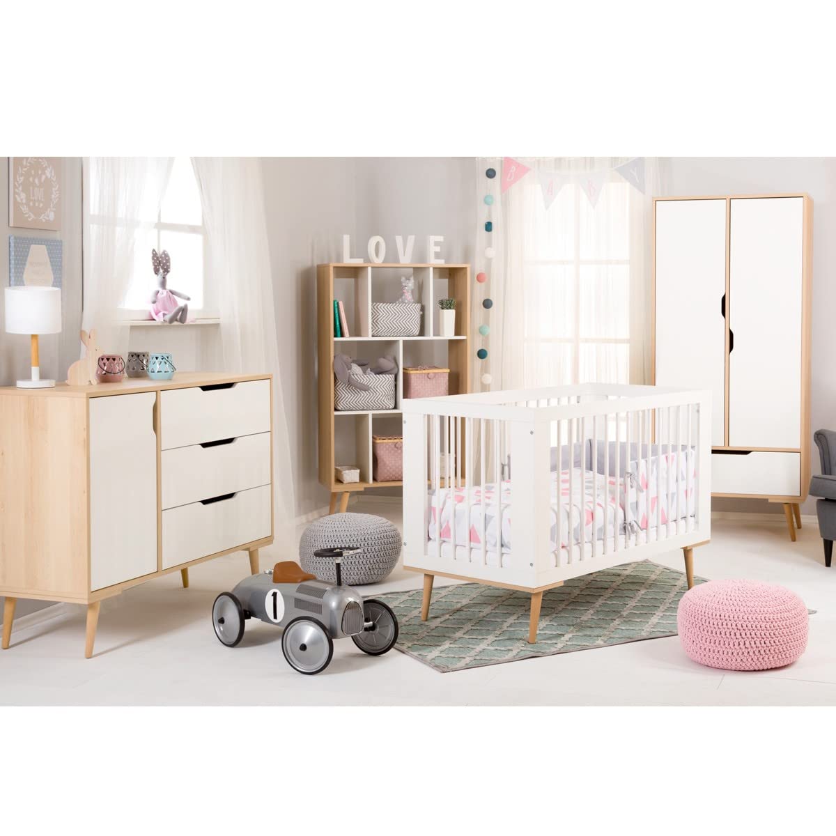 SOFIE Habitación bebé completa Cambiador Armario Biblioteca y Cama 120X60 Blanco
