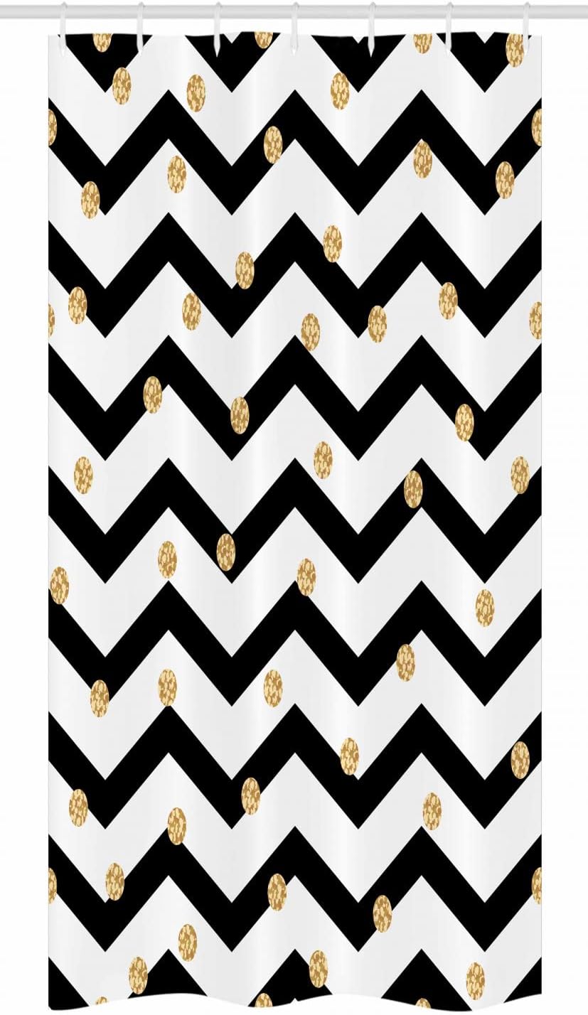 Ambesonne Chevron Stall Shower Curtain, Zig Zag Symmetric Pattern with Golden Yellow Polka Dots Modern Minimalist Design, Fabric Bathroom Decor Set with Hooks, 36" W x 72" L, White Black