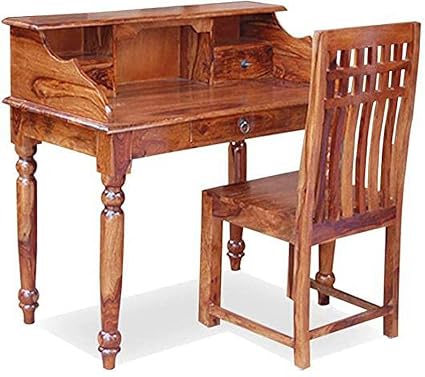 Urbonarts Classic Sheesham Wood With Honey Oak Glossy Finished Triple Drawer Study Table And Single Chair (Natural Wood, Honey) 39 Inch, 21 Inch, 30 Inch