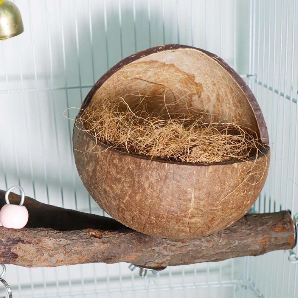 VTurboWay Nid d'oiseau en coquille de noix de coco naturelle avec tapis de noix de coco - Maison d'élevage avec perchoir clochette - Maison pour petits oiseaux, perroquets, calopsittes, conures,