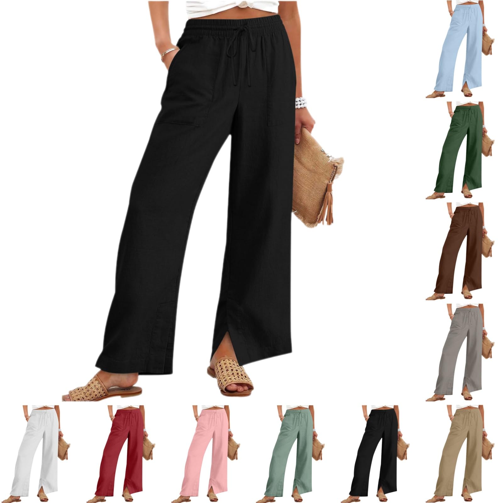 Linen Pants Women Summer Lounge Beach Vacation Flowy Palazzo Trousers Boho Travel Pant Comfy Plus Size Cotton Clothes