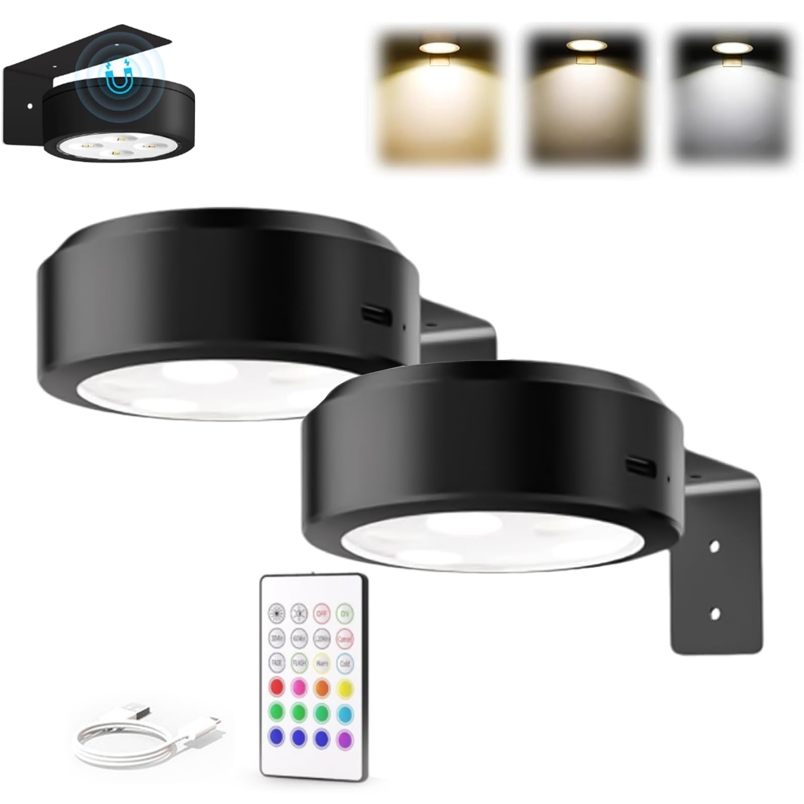 Topveden 3 Pack Picture Lights for Wall, Top Veden No Drill Picture Lights, Remote Control Control Adjustable Brightness Timer, 3 Color Temperatures or 12 RGB Colors for Art Display (2*Black,3color)