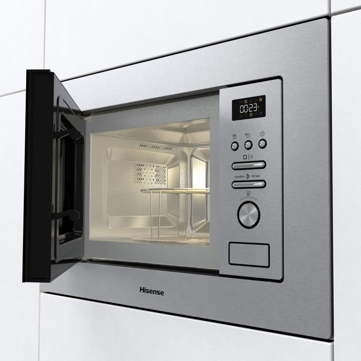 Hisense BIM320G41X - Microonde integrabile, 1000 W, 20 l, altezza 38,8 cm x larghezza 59,5 cm, colore inox, 5 livelli di potenza, 15 programmi preimpostati, Grill Combo, Scongelare per tempo o peso