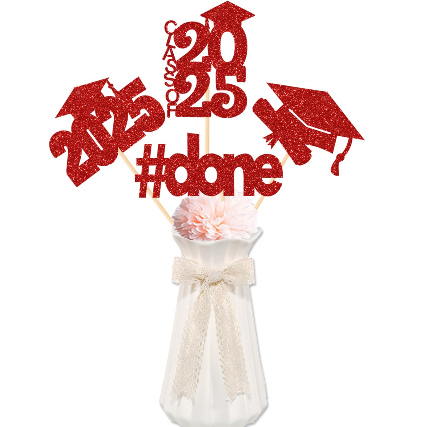 CAVLA 16 Pieces Red Glitter 2025 Graduation Party Centerpiece Sticks Class of 2025 Done Graduation Cap Diploma Table Toppers 2025 High School College