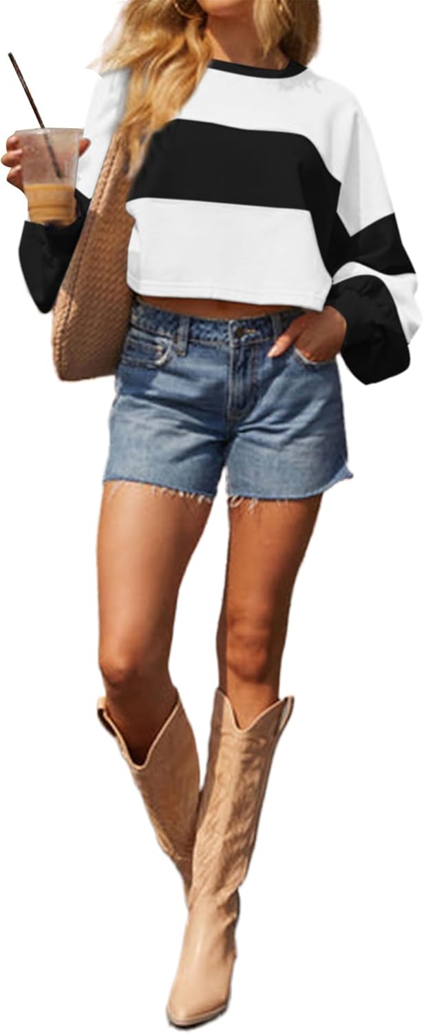 Avanova Women Color Block Striped Cropped Sweatshirt Oversized Crewneck Pullover - Image 4