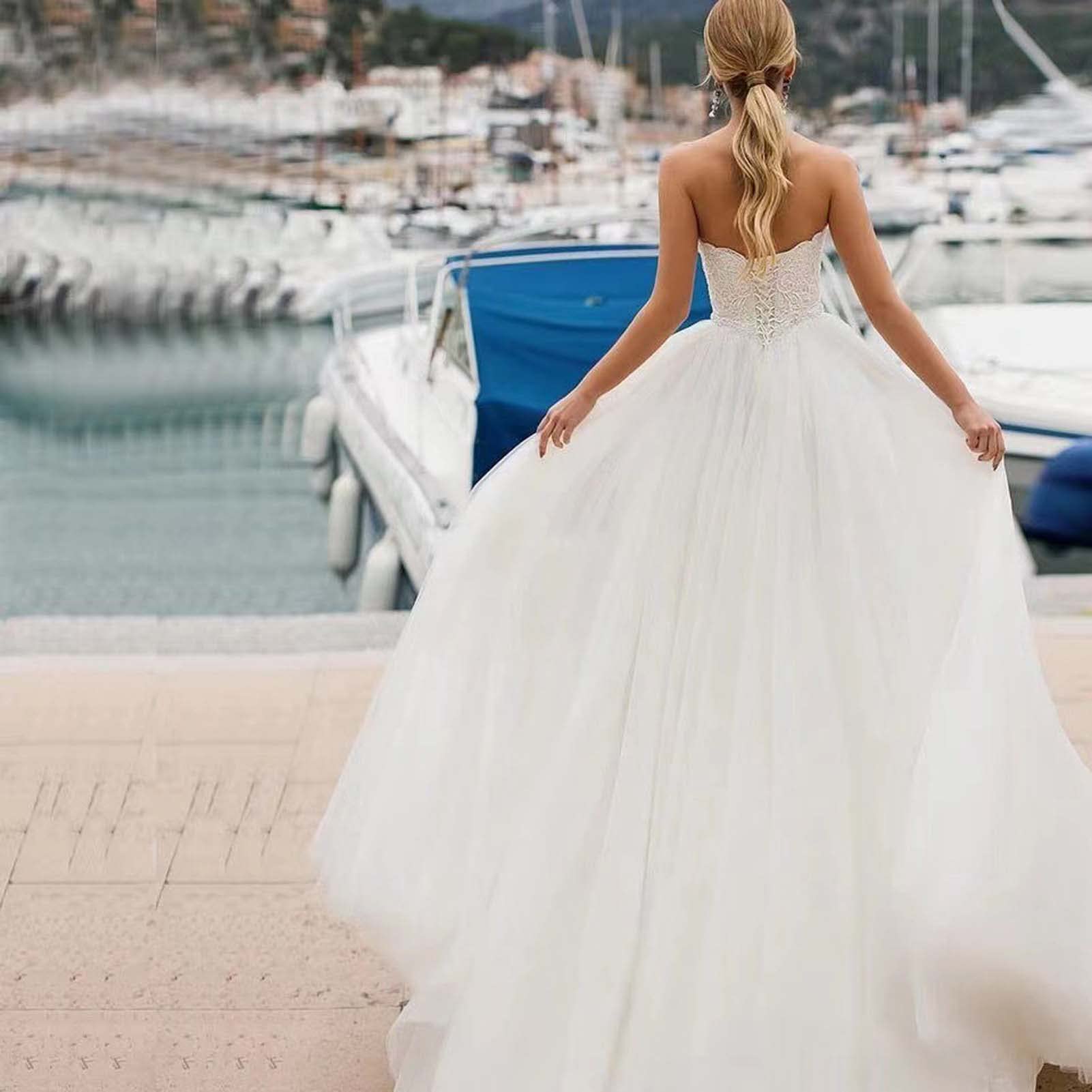 Vestido de Novia sin Tirantes para Mujeres, Vestido de Novia sin Hombros, Vestido Oficial de Baile, Blanco, 16