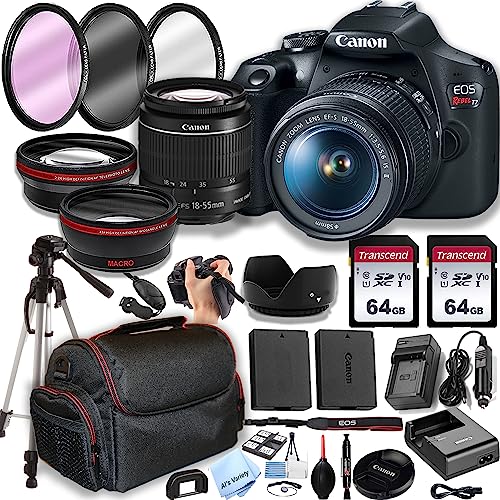Canon EOS Rebel T7 DSLR Camera w/EF-S 18-55mm F/3.5-5.6 Zoom Lens + 128GB Memory,Case, Tripod, Spare Battery - Professional DSLR Camera Photo Accesory Bundle, Black (Renewed)