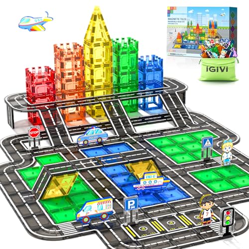 IGIVI 104 PCS Magnetic Tiles Road Set, STEM Construction Toys for Kids Ages 3-5 5-7 4-8, Magnet...