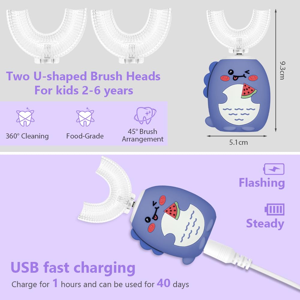 Vicloon Cepillo de dientes Eléctrico para Niños, Ultrasónico Limpieza Automática Cepillos Forma de U, con 2 Cabezales Silicona, 360º 3 Velocidades Limpieza Profunda de Dientes de Leche 2-6 Años Azul