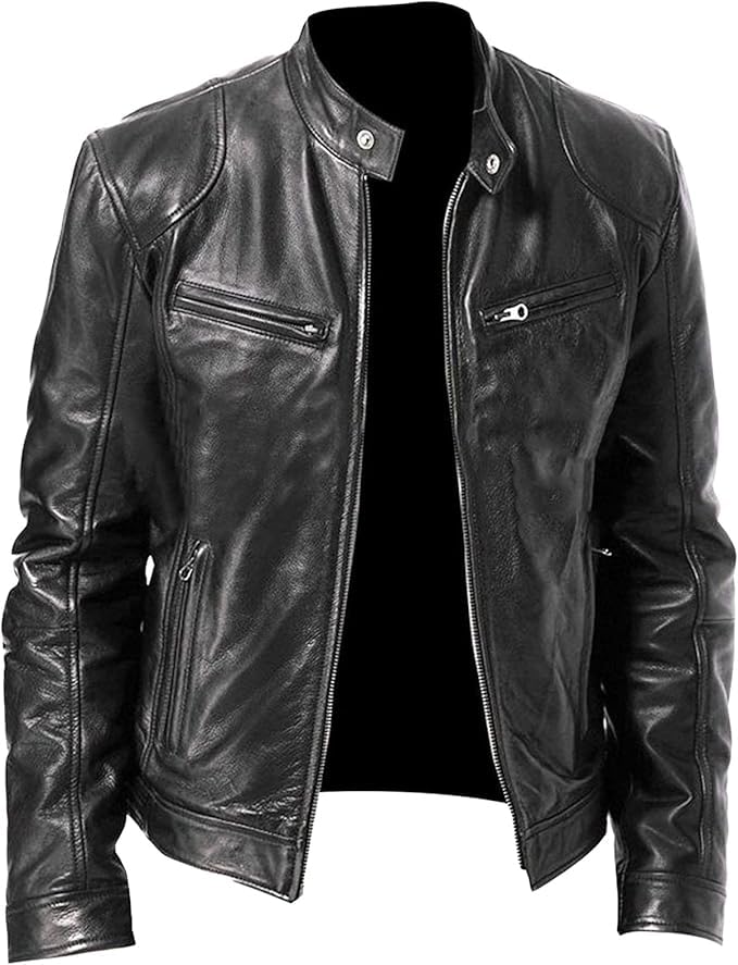 Maiyifu-GJ Men's Faux Leather Jacket Stand Collar Motorcycle Leather Jackets Casual Lightweight Zip Up Biker Coat
