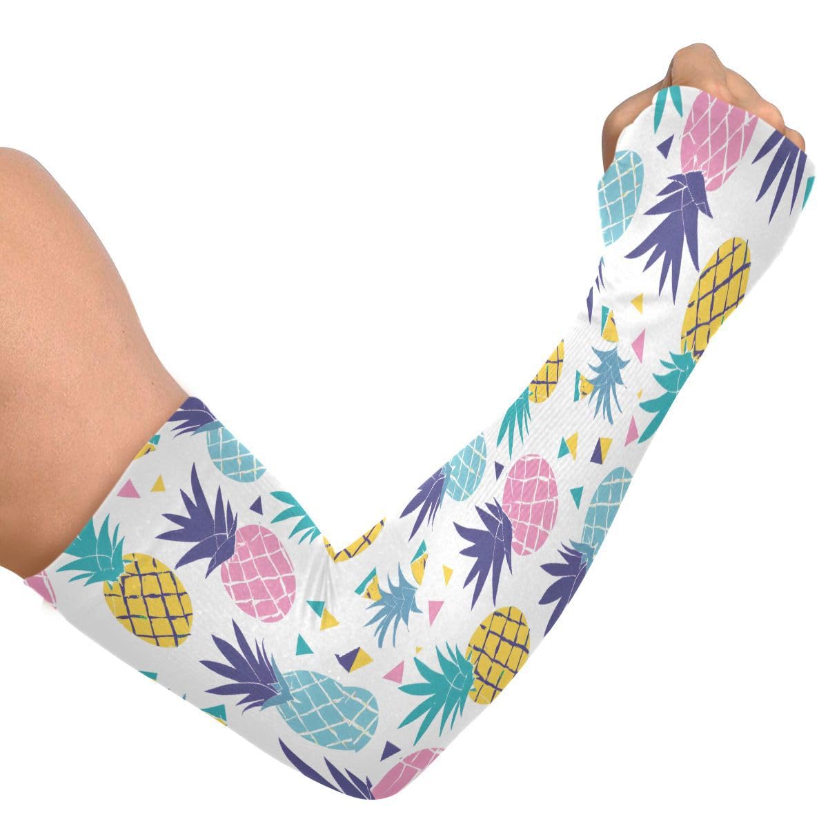 ALAZA Triangle Pineapple Cute Gardening Sleeves Cooling Arm Sleeves Sun Protection Thumb Hole Arm Covers for Women Men