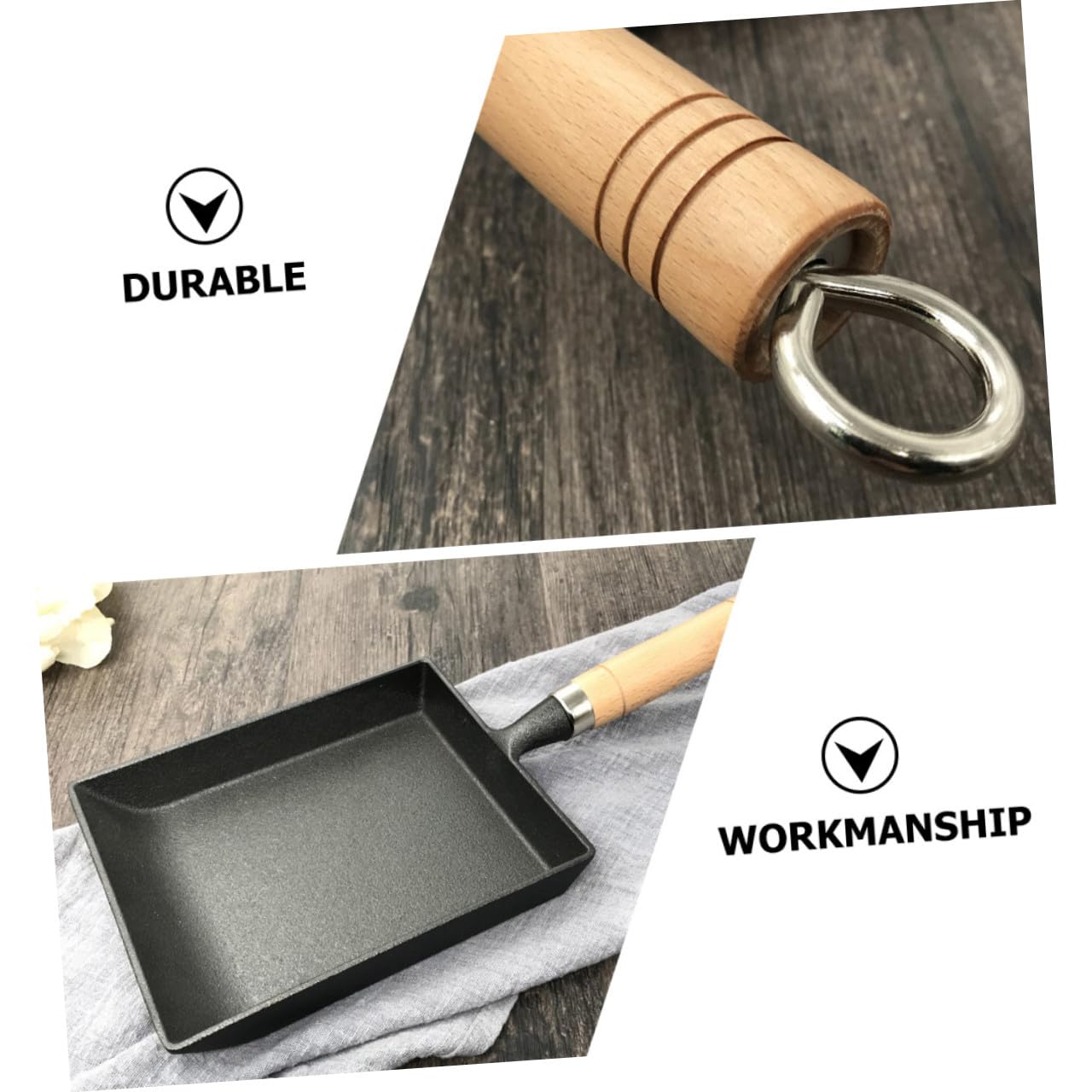 Healeved Padella in Ghisa Quadrata per Uova e Bistecche Manico in Legno Antiscottatura, Fondo Piatto per Cottura Uniforme, Padella Portatile da Campeggio e Barbecue, Multifunzione