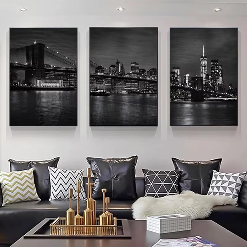 Póster de paisaje nocturno de ciudad en blanco y negro con puente, lámina decorativa para pared, decoración del hogar para dormitorio y sala de estar (80x120cm/31x47in) x3 Sin marco