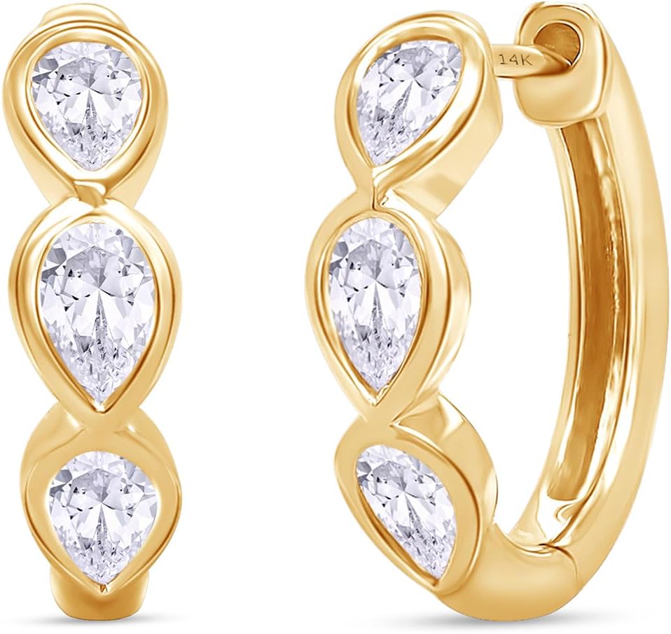 0.60 Carat IGI Certified Lab Grown Diamond Huggie Hoop Earrings For Women, | 14K Solid Gold | 4MM X 2.50MM Pear Shape Bezel Set 3-Stone Hoop Earrings Jewelry for Women