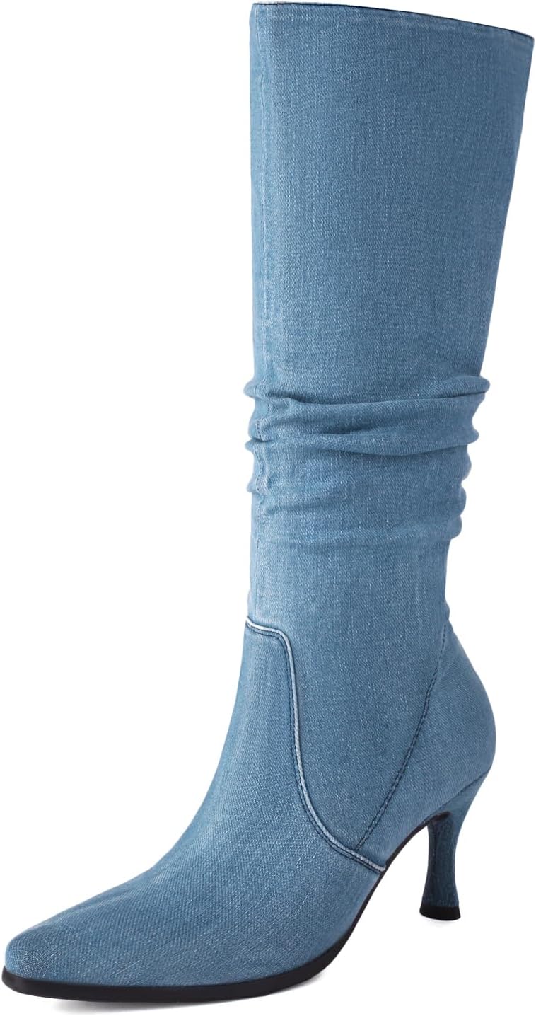 Women’s Knee High Boots Kitten Heel Pull on Slouch Tall Boots