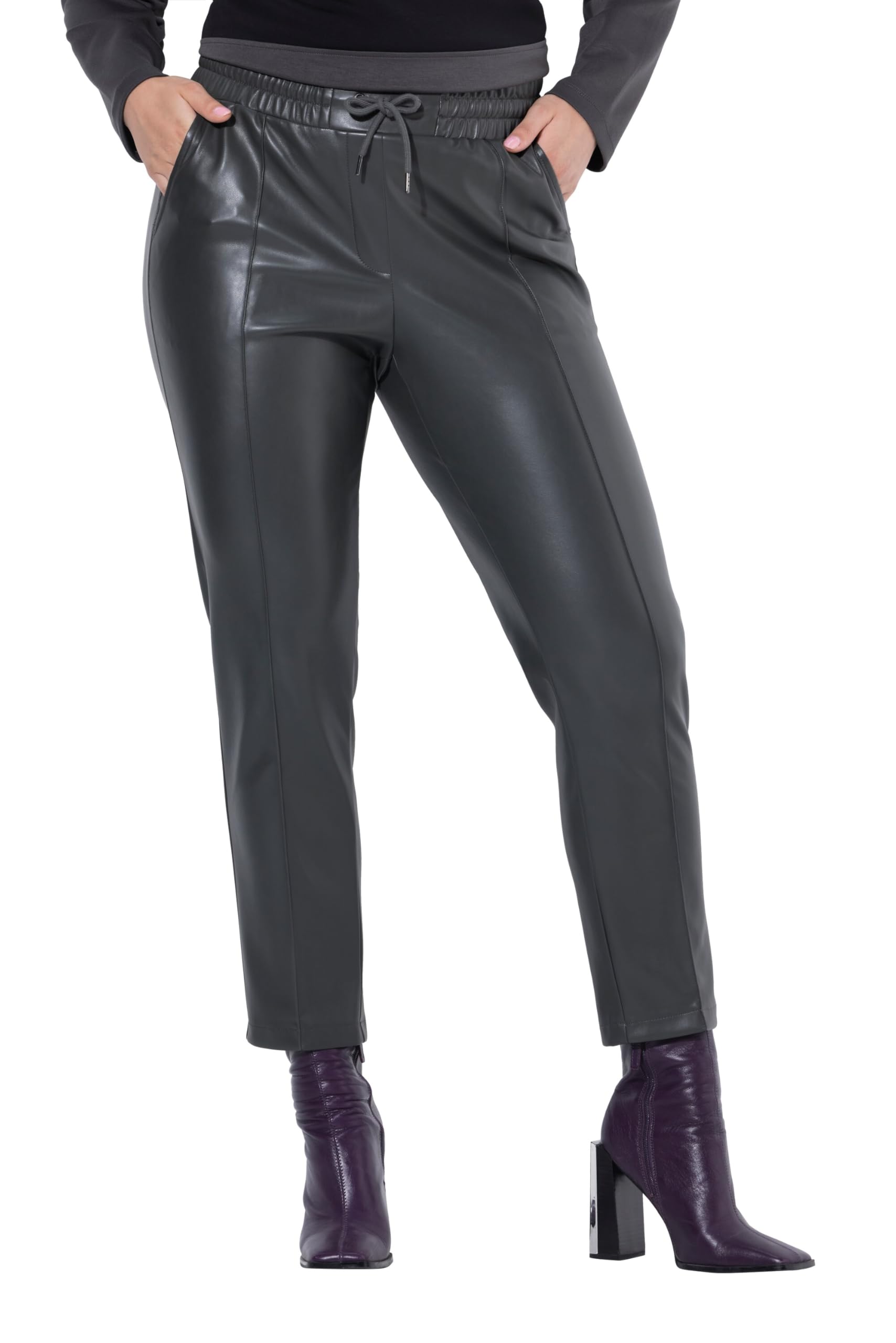 Ulla Popken Damen große Größen Übergrößen Plus Size 7/8-Hose, Lederoptik, Biesen, Elastikbund 813370