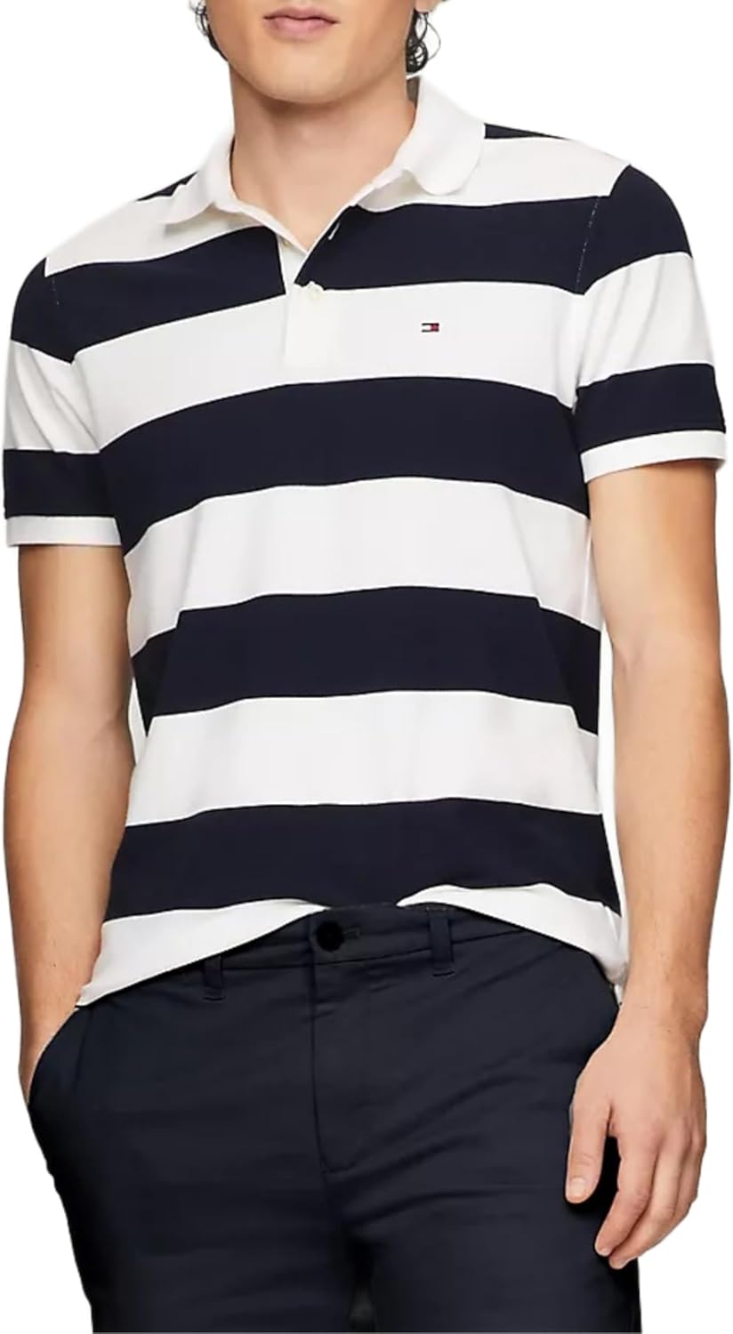 Tommy Hilfiger Slim Fit Stretch Rugby Stripe Polo Men's Shirt (US, Alpha, Large, Regular, Regular, White)