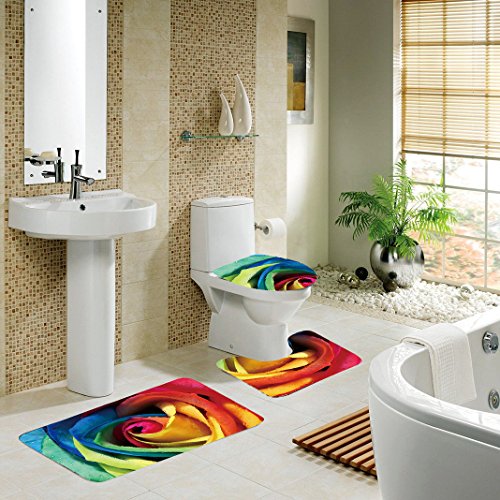 Set 3tlg Badematten, Asnlove Rechteck Badvorleger 75 x 45 CM Badteppich Badgarnitur Matte Badvorleger WC-Deckelbezug Toilettendeckel Set 3tlg Bathroom Rug Mat Weich Duschmatte mit 3D Muster - Rosa – Bild 5