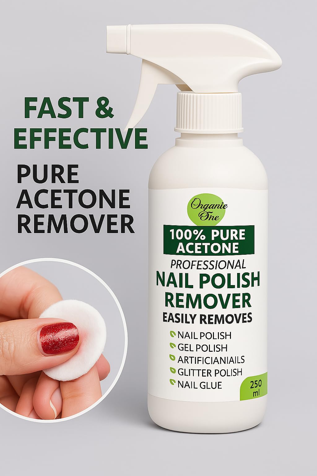 Organic One Acetone Nail Polish Remover - 250 ml | Professional Grade Formula | Fast Drying | Nourishing | Versatile Use | Easy to Use | No Residue - Image 2 thumbnail