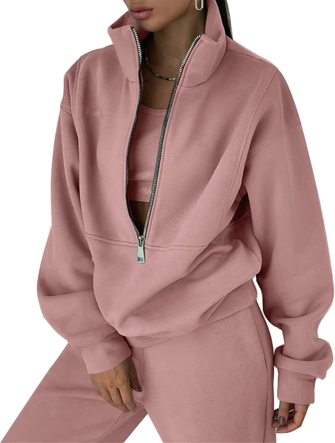 PEHMEA Women's Fall 2 Piece Sweatsuit Outfit Fleece Loose Long Sleeve Half Zip Pullover Comfy Lounge Sets for Women