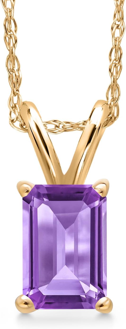 Gem Stone King 10K Yellow Gold 6X4MM Emerald Cut Gemstone Birthstone Solitaire Pendant Necklace | Gold Necklace for Women | With 18 Inch Gold Chain