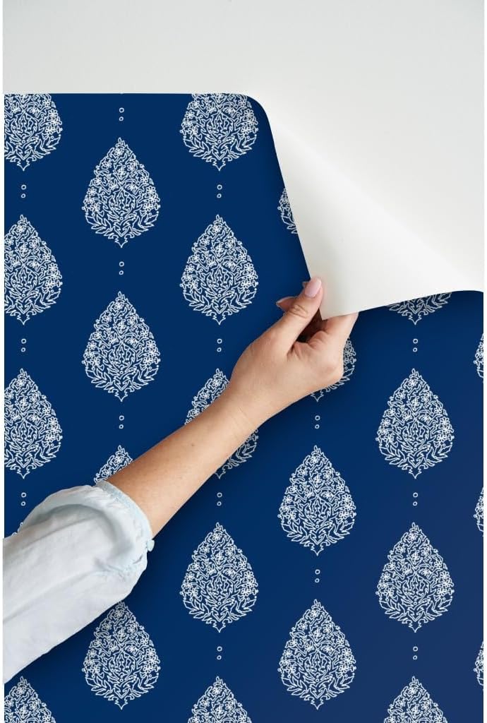 Peel & Stick Wallpaper 3ft x 2ft - Moroccan Paisley Navy Ogee Inspired Wordly Boho Indigo White Ornate Custom Removable Wallpaper by Spoonflower