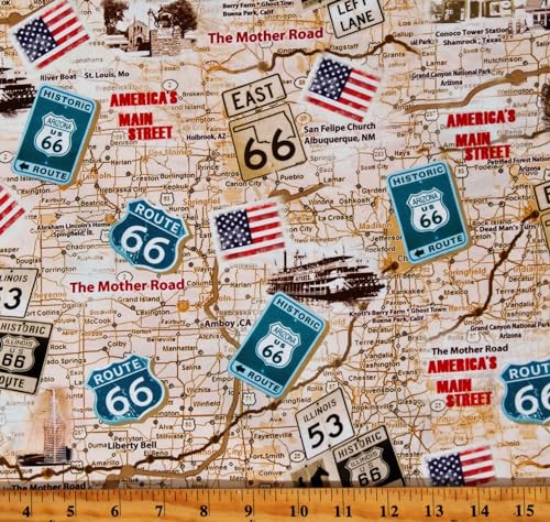 Timeless Treasures Cotton Vintage Route 66 Antique Map Road Trip Travel Cotton Fabric Print by The Yard (MICHAEL-CD3060-NEUTRAL), Cream