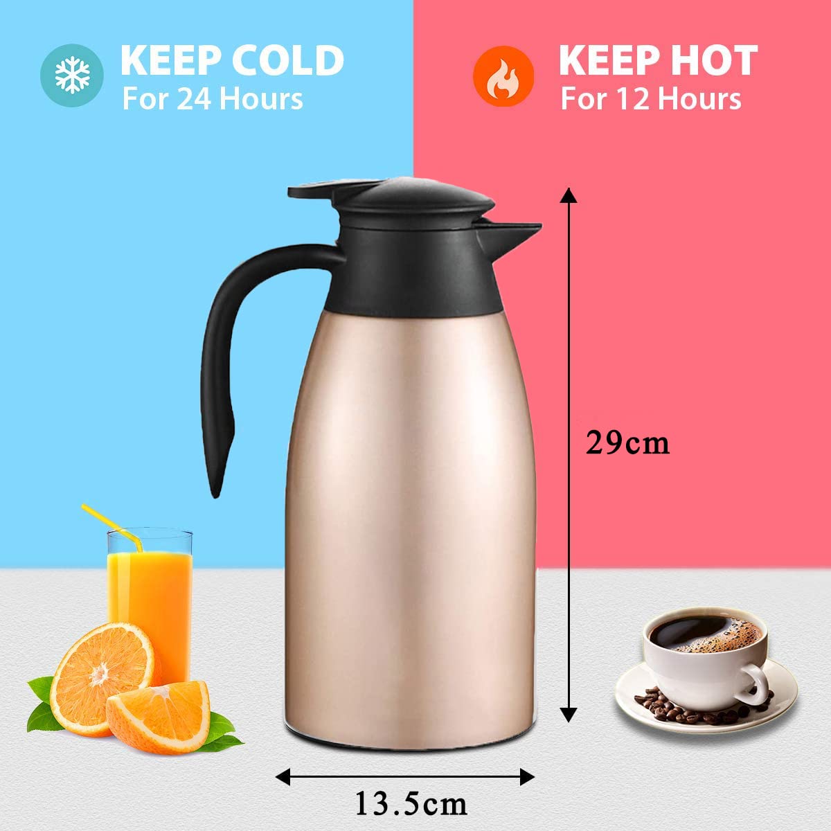 Thermos - Thermos da 2 l, in acciaio inox, con chiusura a punta rapida, per tè e caffè, colore: oro