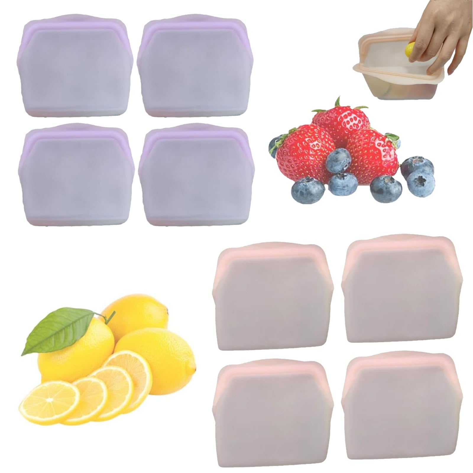 AESFADMOAH Silicone Reusable Storage Bags Food Storage Bag Snack Clear Leak-Proof for Freezer Microwave Oven Upright Freezer 8Pcs(A,600ML)