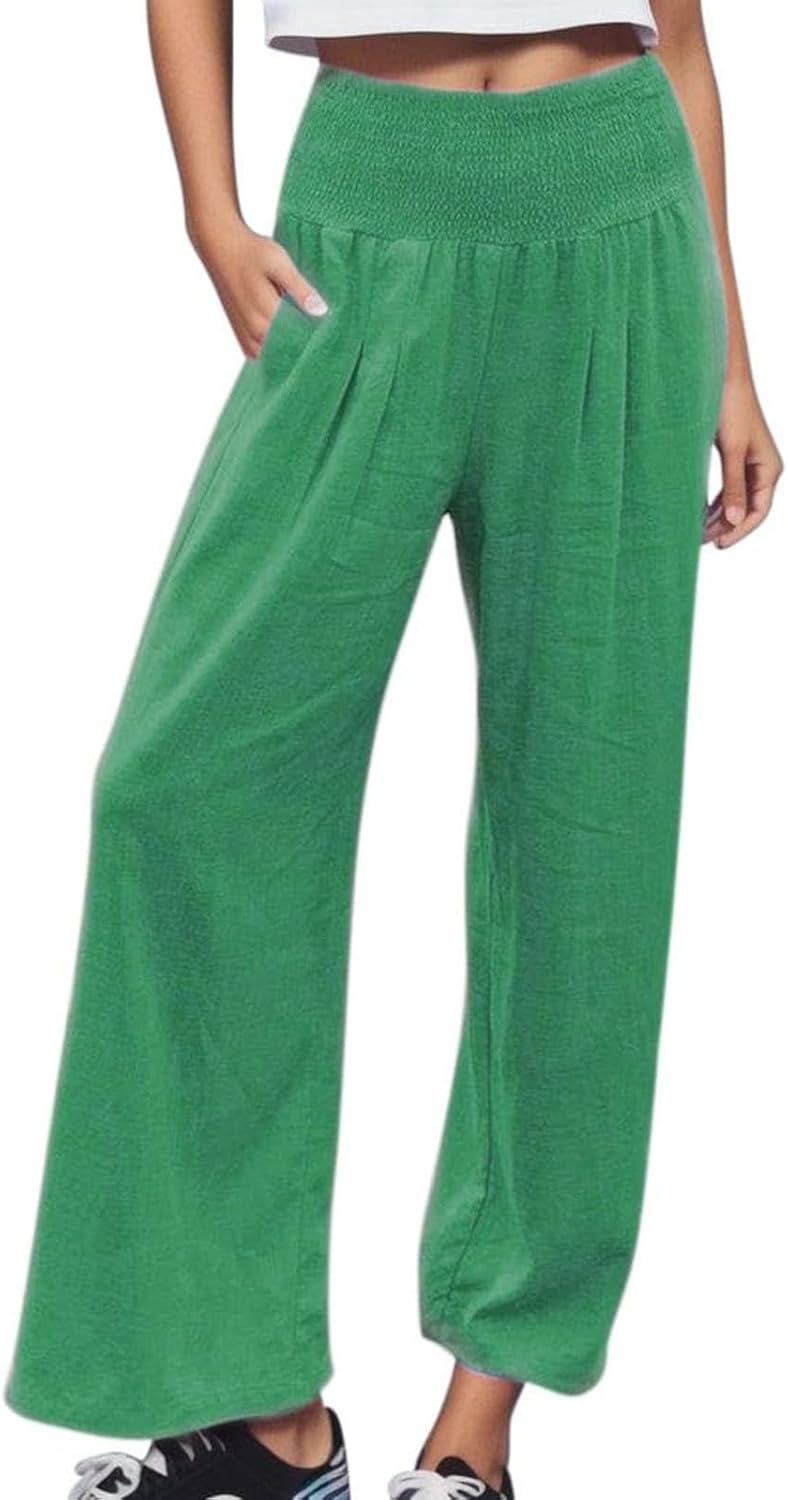 Women Palazzo Pants Summer Smocked High Waist Casual Flowy Dressy Lounge Pant 2025 Beach Travel Vacation Outfits